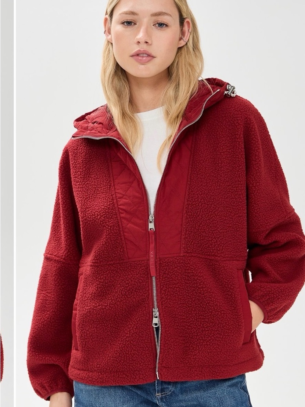 Varley Richfield Quilt Fleece Combo Hooded Jacket Red Large